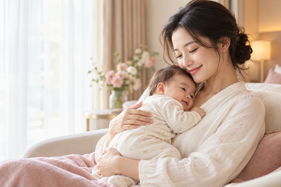 欧亚国际网站母婴主题示意图：母亲温柔拥抱婴儿